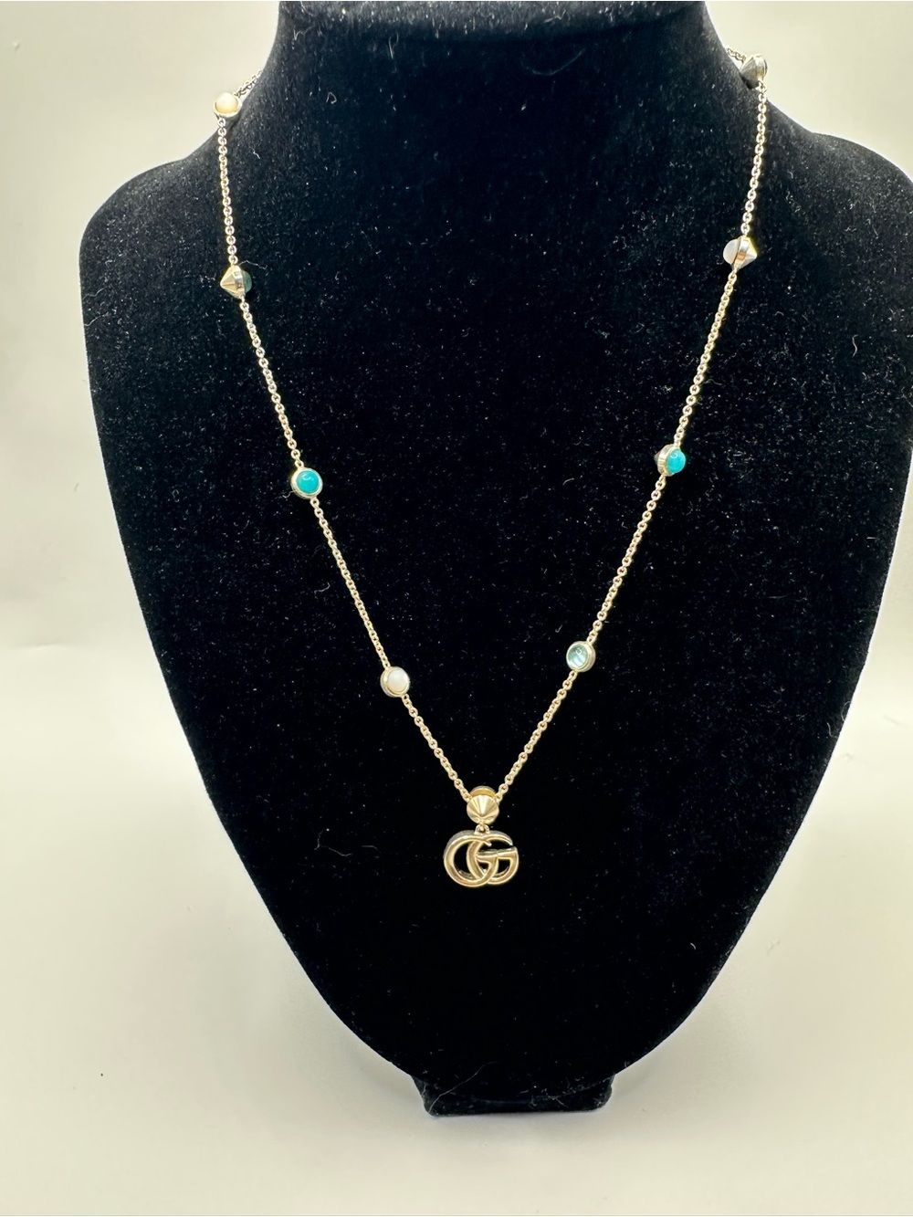Gucci Gold-Tone Double G Necklace with Turquoise and Pearl Stations